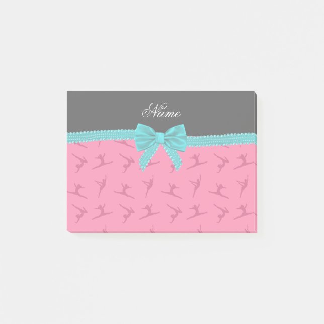 Personalized name pink gymnastics turquoise bow post-it notes (Front)