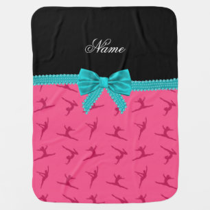 Personalized name pink gymnastics turquoise bow swaddle blanket