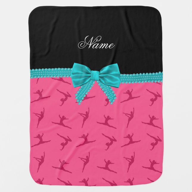 Personalized name pink gymnastics turquoise bow swaddle blanket (Front)