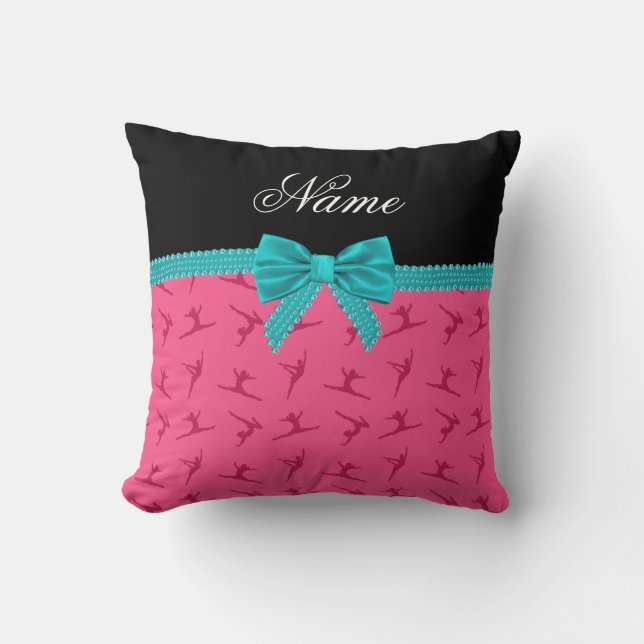 Personalized name pink gymnastics turquoise bow throw pillow (Front)