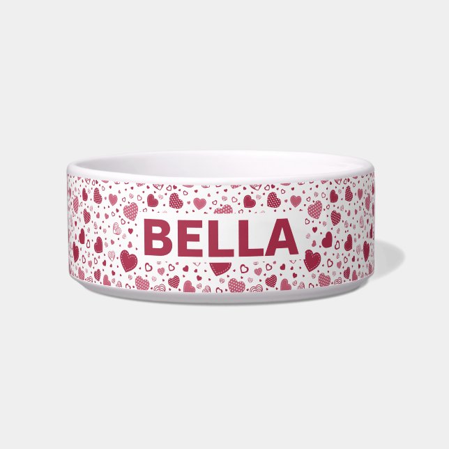 Personalized Name Pink Heart Pattern Pet Bowl (Front)