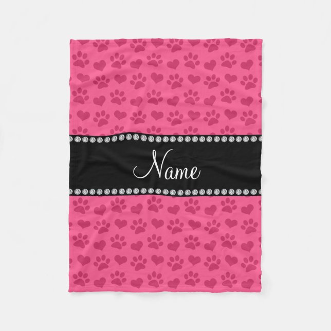 Personalized name pink hearts and paw prints fleece blanket (Front)
