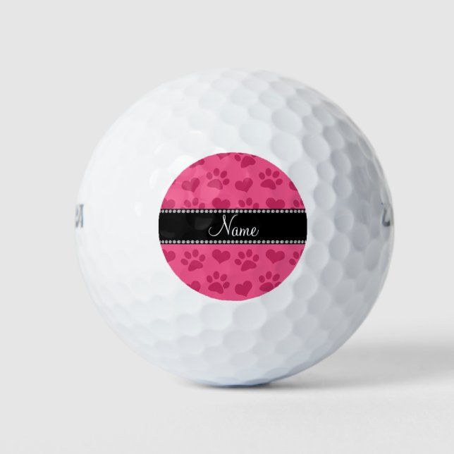 Personalized name pink hearts and paw prints golf balls (Front)