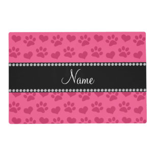 Personalized name pink hearts and paw prints placemat