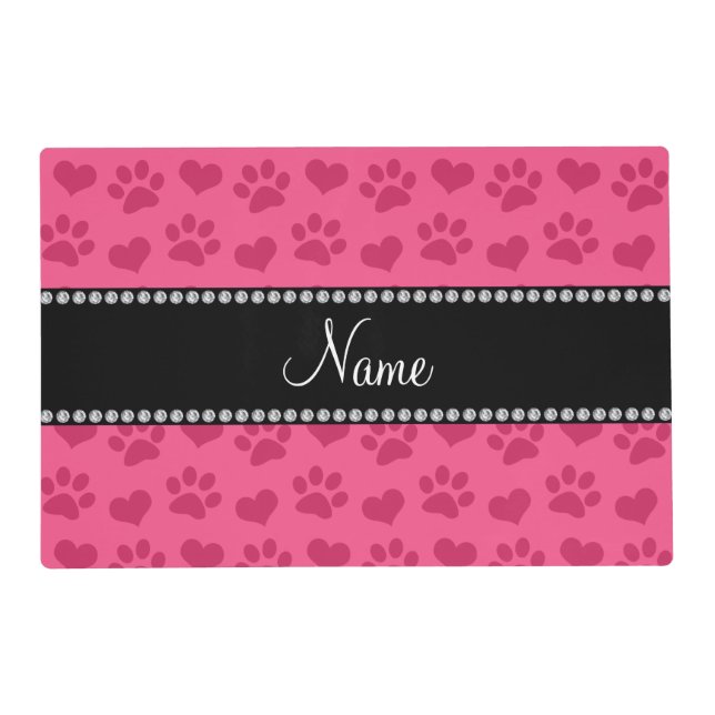 Personalized name pink hearts and paw prints placemat (Front)