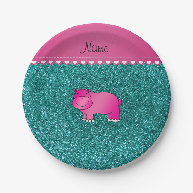 Personalized name pink hippo turquoise glitter paper plates (Front)