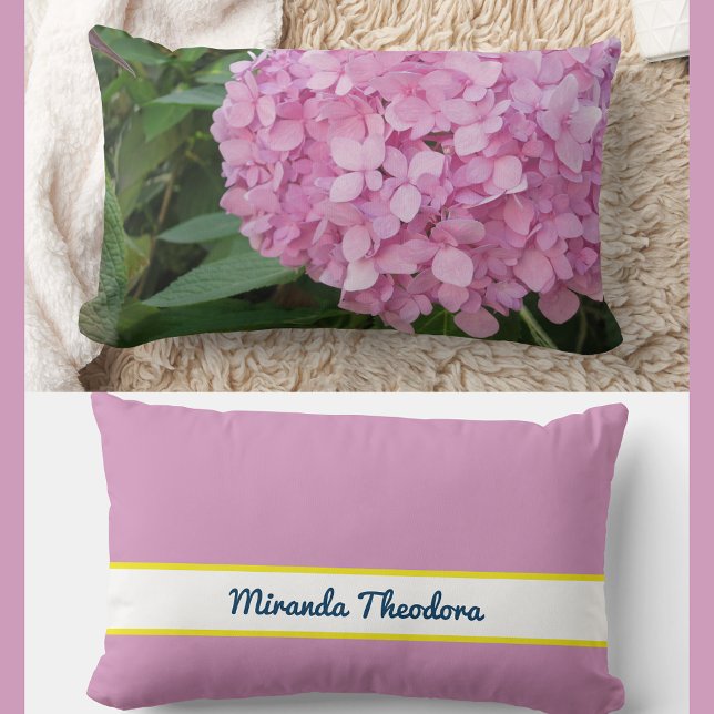 Personalized Name Pink Hydrangea Flowers Lumbar Pillow (Modern, elegant personalized name accent pillow. Photo of pink purple hydrangea. Calligraphy script)