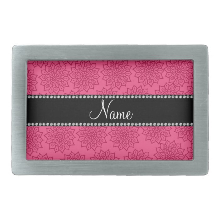 Personalized name pink intricate flowers rectangular belt buckle