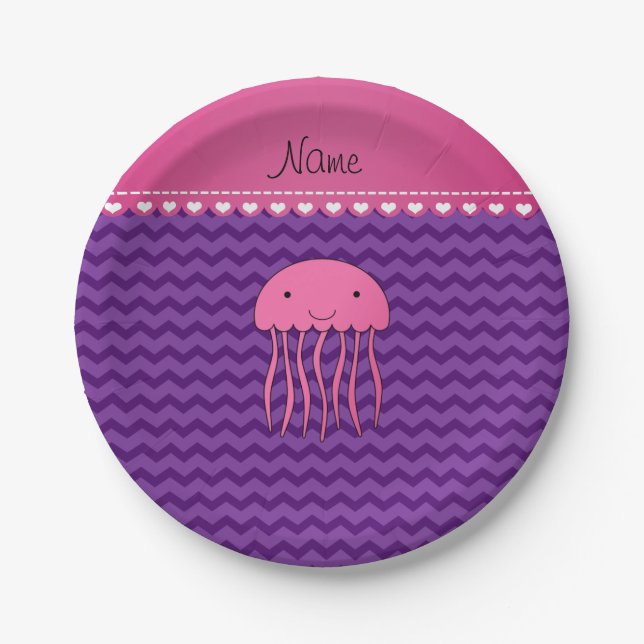 Personalized name pink jellyfish purple chevrons paper plates (Front)