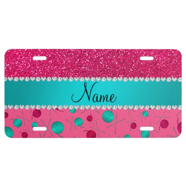 Personalized name pink knitting rose pink glitter license plate (Front)