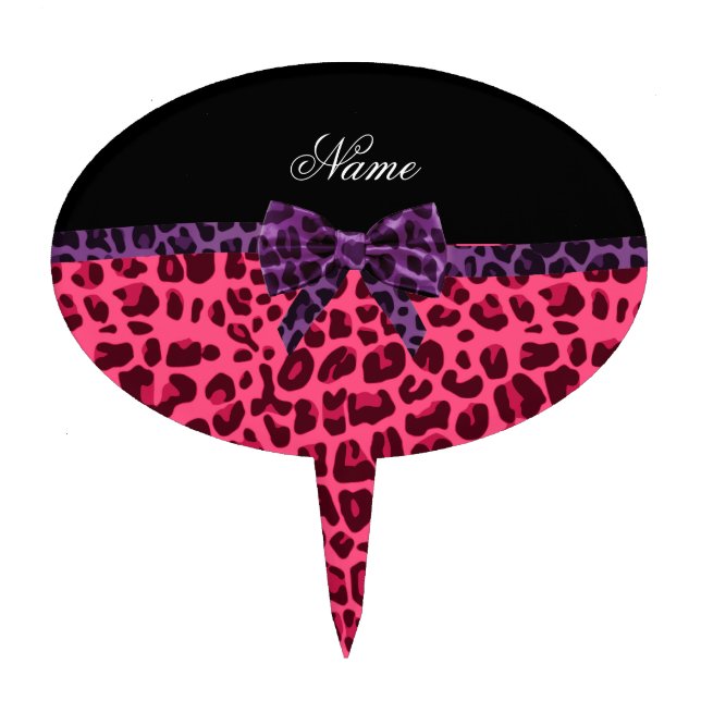 Personalized name pink leopard pattern purple bow cake topper (Front)