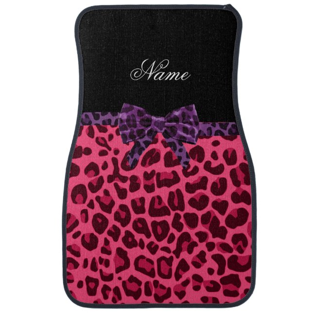 Personalized name pink leopard pattern purple bow car floor mat (Front)