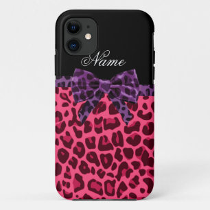 Personalized name pink leopard pattern purple bow iPhone 11 case