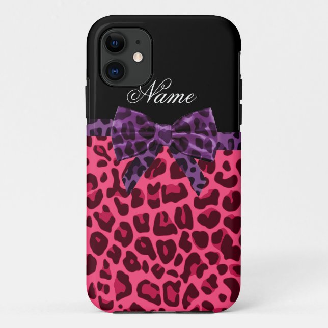 Personalized name pink leopard pattern purple bow Case-Mate iPhone case (Back)