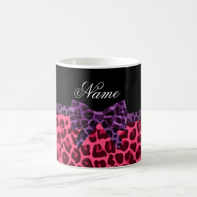 Personalized name pink leopard pattern purple bow coffee mug (Center)