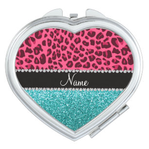 Personalized name pink leopard turquoise glitter compact mirror