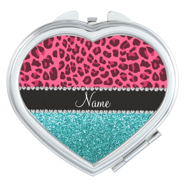 Personalized name pink leopard turquoise glitter compact mirror (Front)