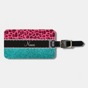 Personalized name pink leopard turquoise glitter luggage tag
