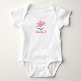 Personalized name pink lily flower baby bodysuit