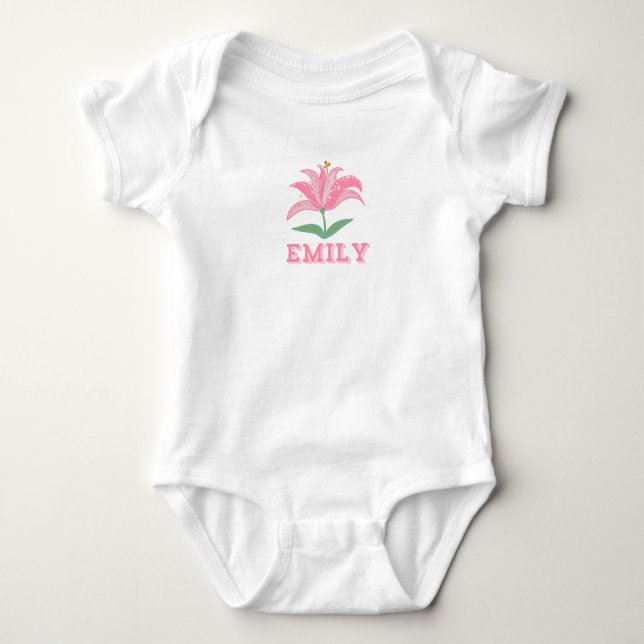 Personalized name pink lily flower baby bodysuit (Front)