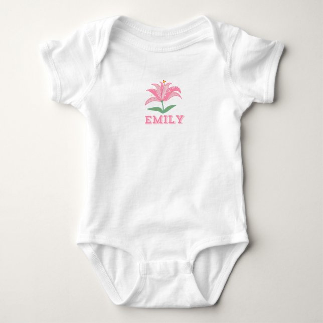 Personalized name pink lily flower baby bodysuit (Front)
