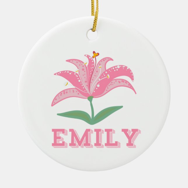 Personalized name pink lily flower baby ceramic ornament (Front)