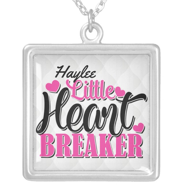 Personalized NAME Pink Little Heart Breaker Silver Plated Necklace (Front)