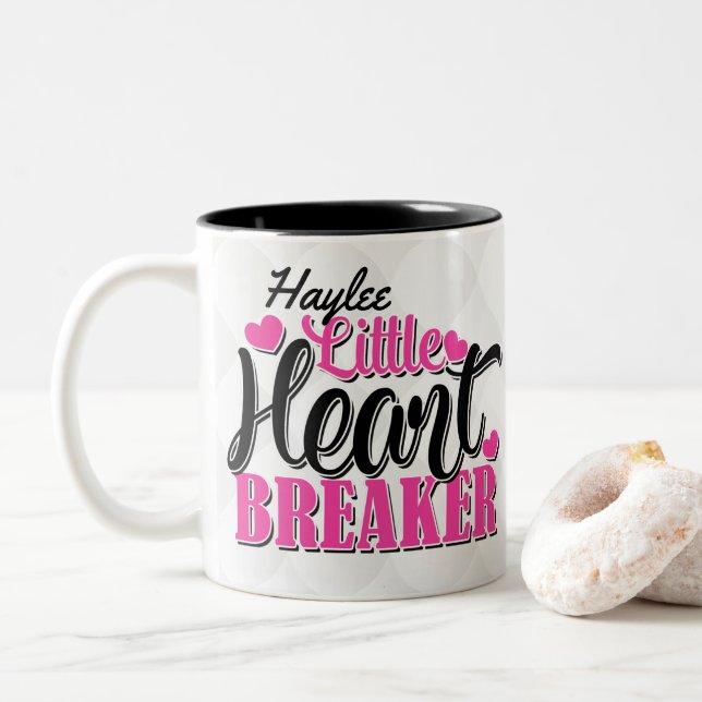 Personalized NAME Pink Little Heart Breaker Two-Tone Coffee Mug (With Donut)