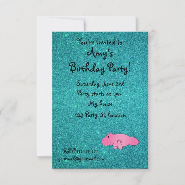 Personalized name pink manatee turquoise glitter invitation (Front)