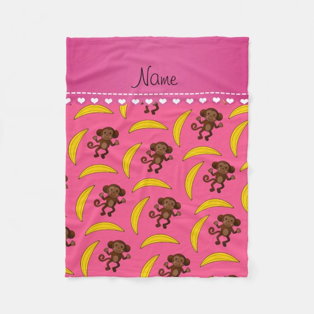 Personalized name pink monkey bananas fleece blanket (Front)