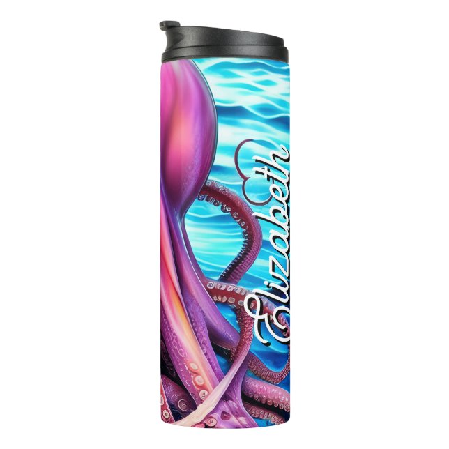 Personalized Name Pink Octopus Blue Ocean Wave Thermal Tumbler (Rotated Right)
