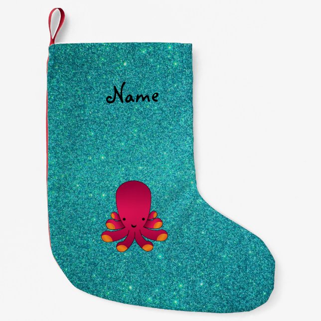 Personalized name pink octopus turquoise glitter small christmas stocking (Front)