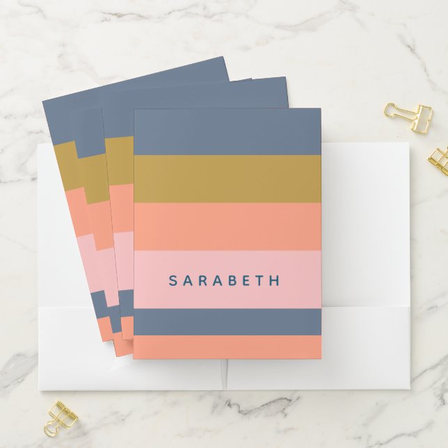 Personalized Name Pink Orange Peach Modern Stripes Pocket Folder (In Situ)
