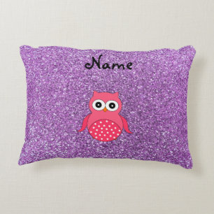Personalized name pink owl light purple glitter accent pillow
