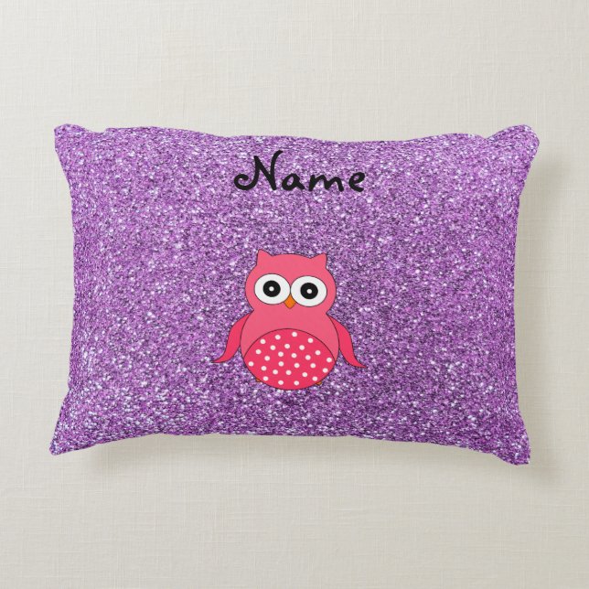 Personalized name pink owl light purple glitter accent pillow (Back)