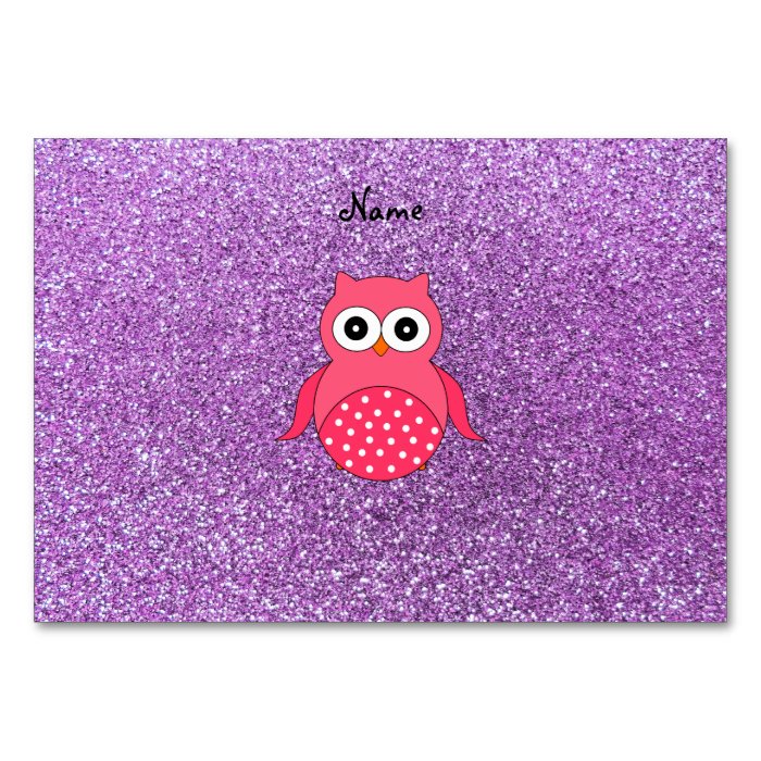 Personalized name pink owl light purple glitter table card