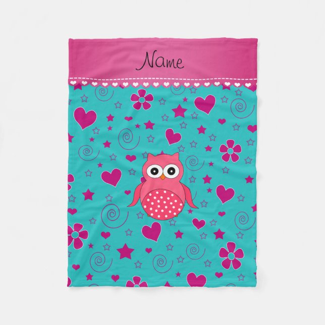 Personalized name pink owl turquoise pink hearts fleece blanket (Front)