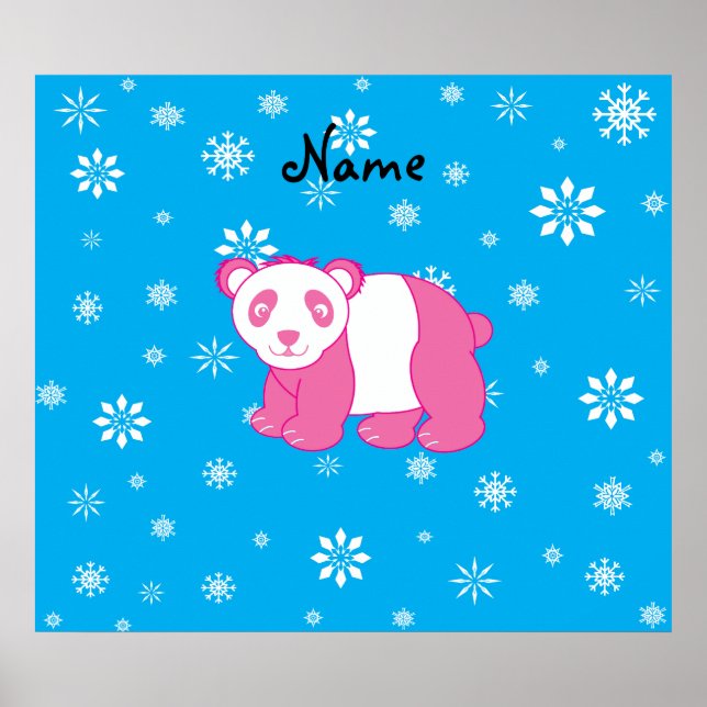 Personalized name pink panda blue snowflakes poster (Front)