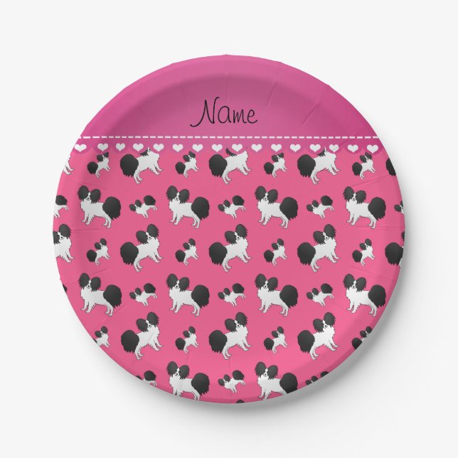 Personalized name pink Papillon dogs Paper Plates (Front)