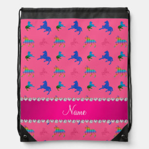 Personalized name pink patterned horses drawstring bag