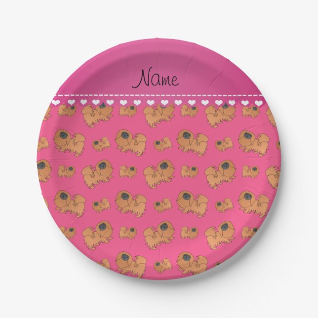 Personalized name pink Pekingese dogs Paper Plates (Front)