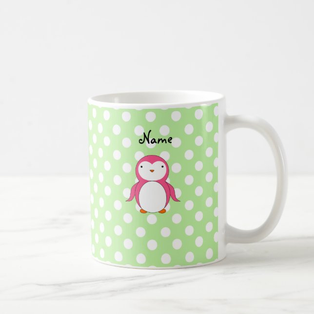 Personalized name pink penguin green polka dots coffee mug (Right)