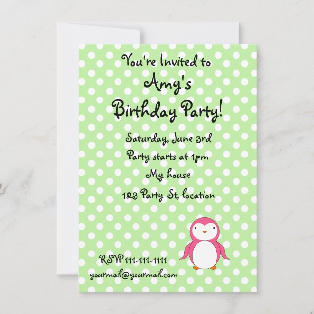 Personalized name pink penguin green polka dots invitation (Front)