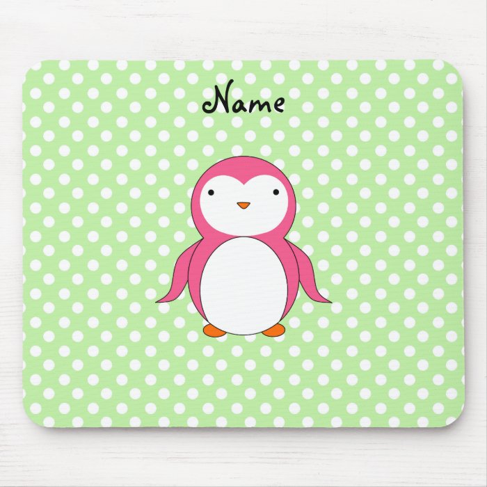 Personalized name pink penguin green polka dots mouse pad