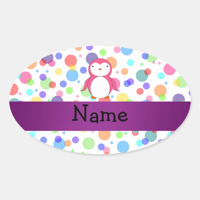 Personalized name pink penguin rainbow polka dots oval sticker (Front)