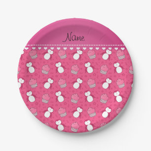 Personalized name pink penguins cupcakes stars paper plates