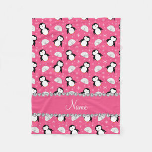 Personalized name pink penguins igloos snowflakes fleece blanket