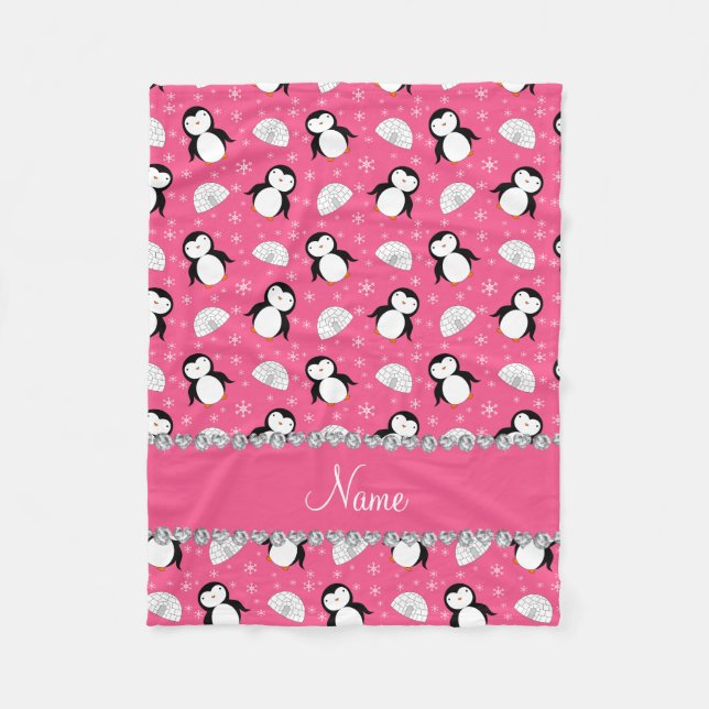 Personalized name pink penguins igloos snowflakes fleece blanket (Front)