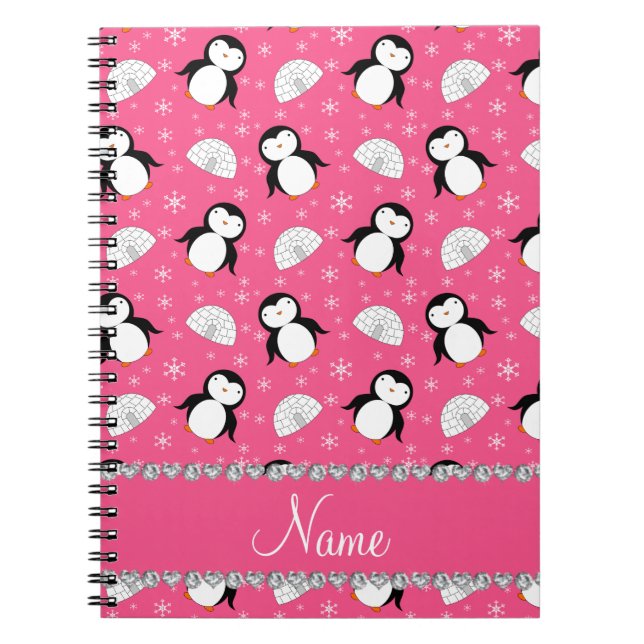 Personalized name pink penguins igloos snowflakes notebook (Front)
