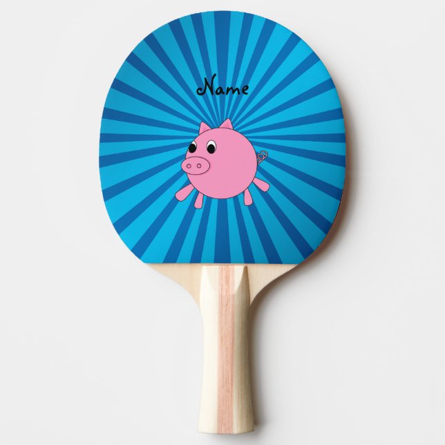 Personalized name pink pig blue sunburst ping pong paddle (Front)